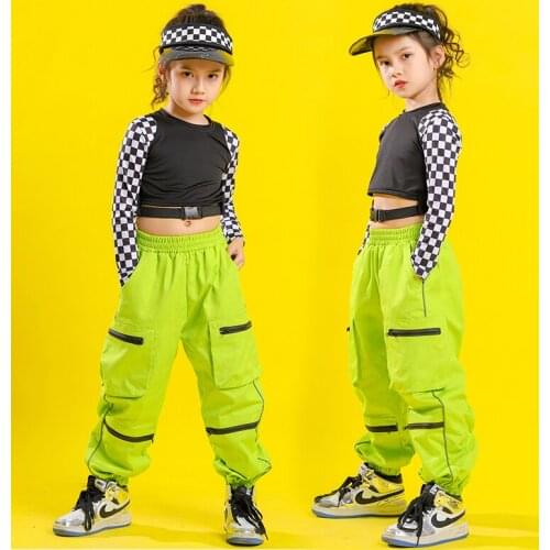 Girls Jazz Dance Costumes Black Tops Fluorescent Green Pants Hiphop Street Dance Wear Children Hip Hop Dance Clothes Kids SL3531