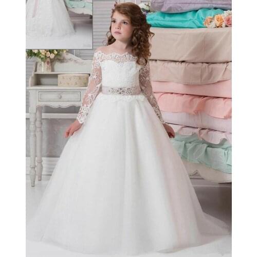 Beautiful Flower Girl Dresses For Wedding White Lace Tulle Girls Pageant Gowns Sheer Neck Sleeve less Kids Party Gowns