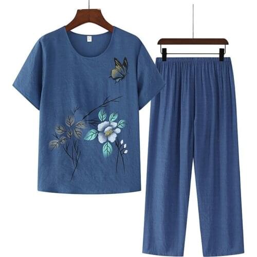 2021 Cotton Linen Summer Plus Size Loose Casual Two-piece Retro Printed T-shirt and Pants Suits 2 Piece Sets Womens Outfits Y124