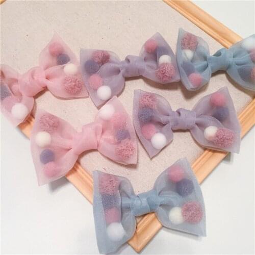 New princess style colorful plush ball net yarn lace bow duck bill clip side clip hair accessories pink