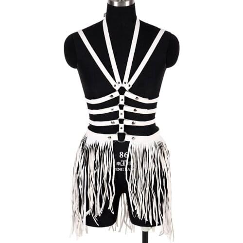 Sexy Womens Lingerie Leather Hanging Neck Hollow Sling Set Body Harness Bondage Tassel Skirt Garter Belt Suspender Bdsm Fetish