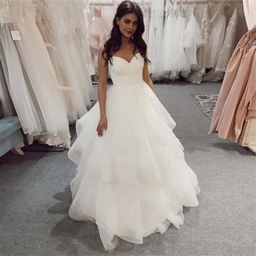 Full Length Wedding Dress Sweetheart White Ivory Pleat Tulle Bridal Dress Spaghetti Strap Tiered Skirt Backless vestido de Noiva