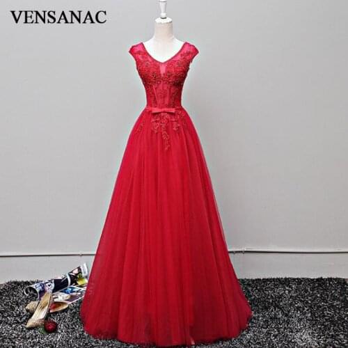 VENSANAC 2018 Lace Appliques V Neck Long A Line Evening Dresses Elegant Party Beadings Bow Sash Tulle Prom Gowns