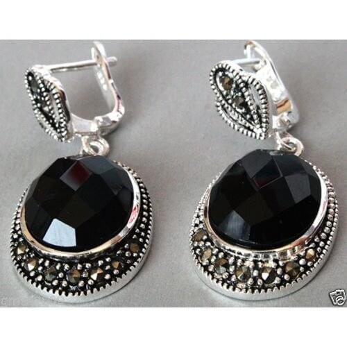 Vintage 925 Sterling Silver Natural Faceted Black Onyx Marcasite Earrings 925