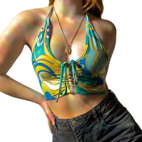 2021 Fashion Sexy Striped Print Halter Camisole Women Sleeveless Lace Up Slim Fit Tank Top Summer Casual Crop Top Streetwear