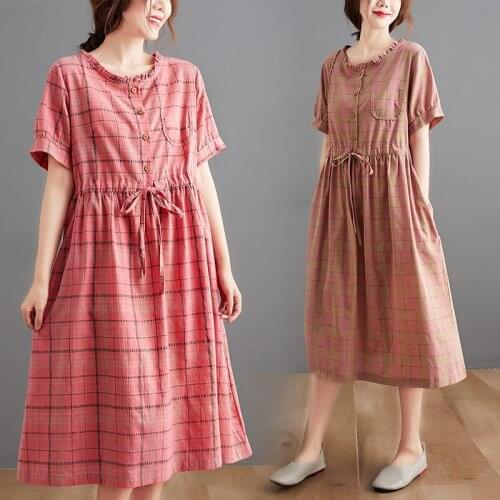 Large Size Womens Summer Retro Cotton and Linen Plaid Dress Women Casual Lace Up Waist Slim Thin Temperament Dress Loose k898