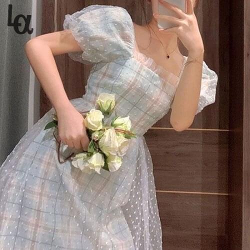 Puff Sleeve Vintage Plaid Dress Women Lace Princess Dress for Women Square Collar Evening Party Midi One Piece Dress 2021 Summer