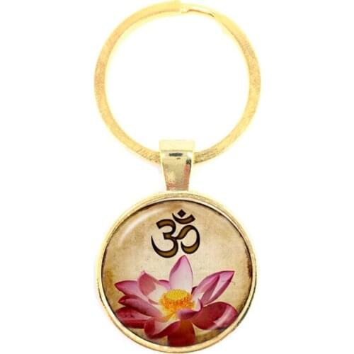 1pcs/lot Yoga Jewelry Keychain OM Symbol Buddhism Zen Unique Mandala Flower Key Chain Glass Henna Handmade Keyring