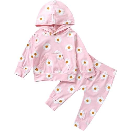 2Pcs Spring Fall Kids Girls Clothes Set Floral Printed Pattern Hooded Tops Trousers Causal Cotton Childrens Clothing