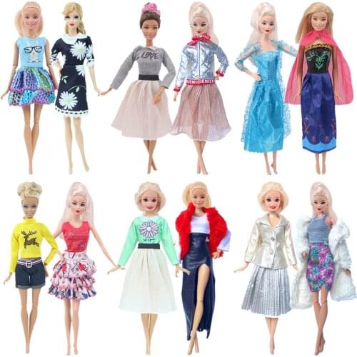2Pcs/Lot Barbies Doll Dsiney Elsa Clothes Dress Cartoon Skirt For Barbies Doll Casual Daily Wear Twins Outfit Clothes Girl`s