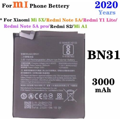 BN31 3000mAh For Redmi Note 5A/5A Pro Mi A1 Redmi Y1 Lite Phone Battery for Xiaomi Mi 5X A1 Mi5X BN31 Replacement Batteries