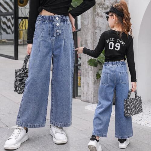 2021 Spring Autumn Kid Girls Fashion Loose Casual Long Flare Denim Pants Children Clothing Elastic High Waist Jeans Trousers C22
