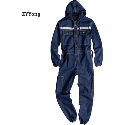 Men Jeans Jumpsuits Bib Overalls Long Sleeve Hooded Multi-Pocket Beam Feet Denim Cargo Pants Fashion Leisure Hip Hop Trousers