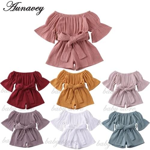 NEW 2020 Summer Kid Baby Girls Short Sleeve Off Shoulder Romper Jumpsuit Solid Bow Playsuit Clothing
