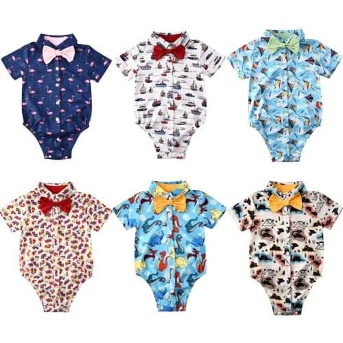 6 Style Toddler Kid Baby Boy Gentleman Bodysuits Clothes Flamingo Cartoon Print Bowknot Jumpsuit Summer Outfit