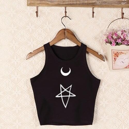 Gothic Crop Top Women Pentagram Moon Printed Graphic Tanks Grunge Style Cami Short Chic Fashion Tops Black