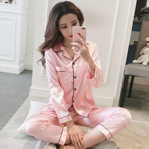 Ms Summer Silk Long Sleeve Pajamas Emulation Silk Age Season Lapel Pure Color Plus-size Clothing Can Be Worn Outside At Home