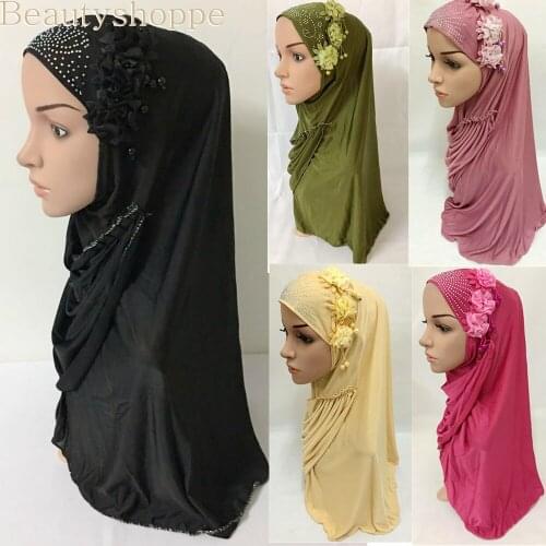 Ramadan Women Muslim Amira Hijab Islamic Scarf Flowers Rhinestone Headwear Turban Headscarf Hair Loss Prayer Hat Bandanas Cap