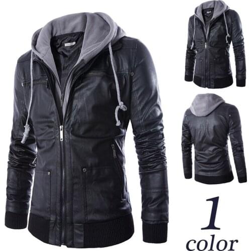 Acacia Person Size M-3XL Hat Detachable Men Motorcycle Black PU Faux Leather Coat Hooded Slim Fit Jackets Mens Jackets Coats