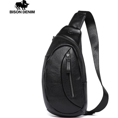 BISON DENIM Genuine Leather Chest Bag Waist Packs Men Shoulder Messenger Bags Casual Fanny Pack Phone Pouch High Quality N2956