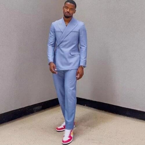 New Design Fashion Sky Blue Men Suits Costume Homme Wedding Prom Terno Masculino Slim Fit Groom Tuxedos Blazer 2 Pc Jacket Pant