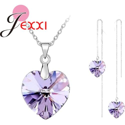 Brand Lovely Crystal Ocean Heart Real 925 Sterling Silver Pendant Necklace Earring Jewelry Gift Set With Box Chain Thread
