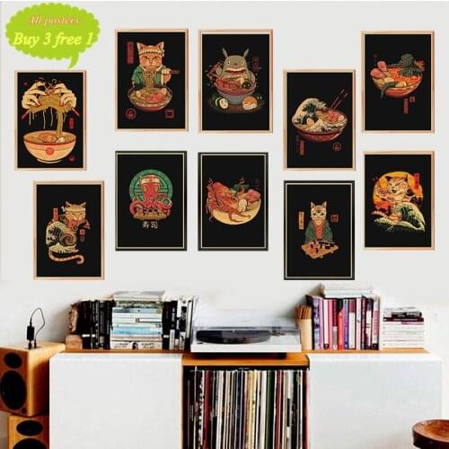 Japanese Samurai Cat Ramen Kraft Paper painting posters Home Decor