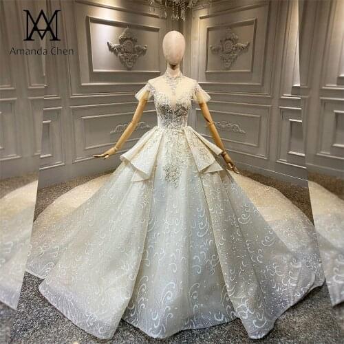 Abiti da sposa Cap Sleeve High Neck Lace Crystal Keyhole Back Wedding Dress