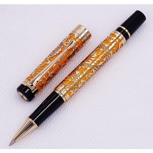 Jinhao 5000 Vintage Luxurious Metal Rollerball Pen Beautiful Dragon Texture Carving, Orange & Golden Ink Pen for Office Business
