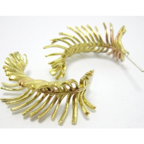 Brass earrings stud 30x11mm Palm leaf brass ear post Earlobe findings 925 silver needle -2pcs R1114