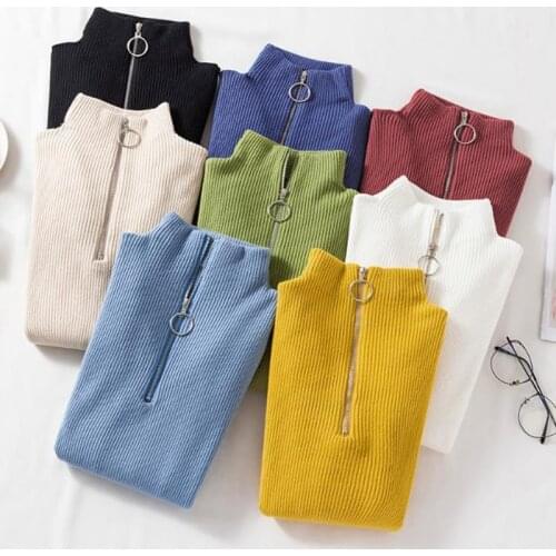 Autumn And Winter Sweater Womens New Solid Color Half High Neck Zipper Decoration Slim-Fit Sweater Fashion All-Match Pullover