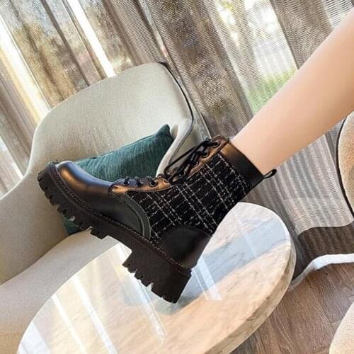 Tweed Cloth British Style Short Boots Womens Thick Heel Flat Tweed Cloth Plaid Ankle Boots Autumn Net Cloth Lining Winter Plush