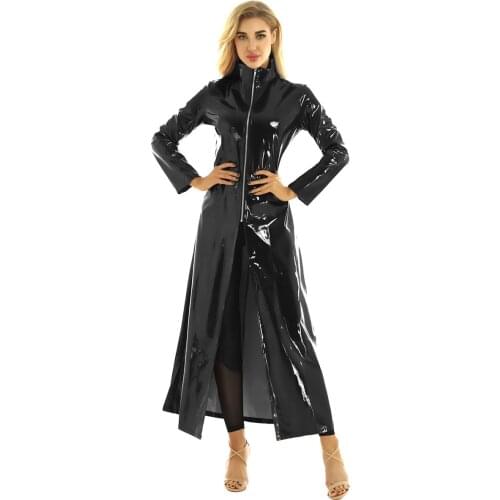 Unisex Men Women Sexy Lingerie PVC Leather Top Front with Zipper Closure Wet look Long Sleeve Coat Clubwear for Party Club