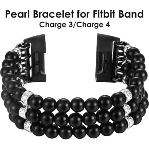 Jewelry Straps for Fitbit Charge 3 Bracelet & Fitbit Charge 4 Band with Jewelry Bracelet Elastic Beaded Pearl Replacement Black