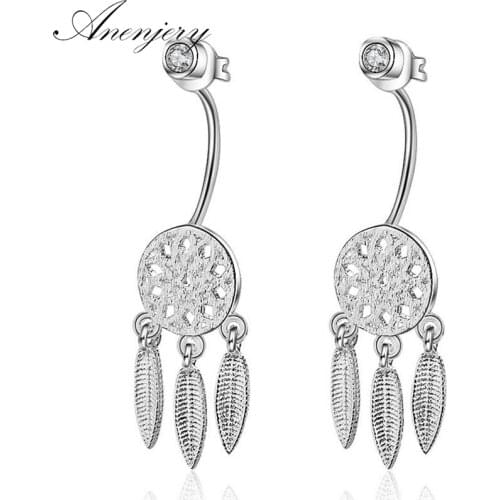 ANENJERY 925 Sterling Silver Earrings Zircon Dream Catcher Fashion Feather Tassel Earrings For Women oorbellen brincos S-E388