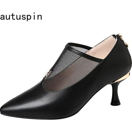 Autuspin Women Black High Heels 2021 Spring Autumn Genuine Leather Female Pointed Toe Pumps Rhinestones Decoration Dress Shoes