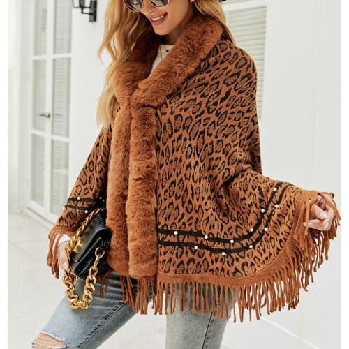 2021 Winter Leopard Open Stitch Long Sweater For Women Bawting Sleevesless Shawl Knitted Outside Coat Fox Fur Cardigans