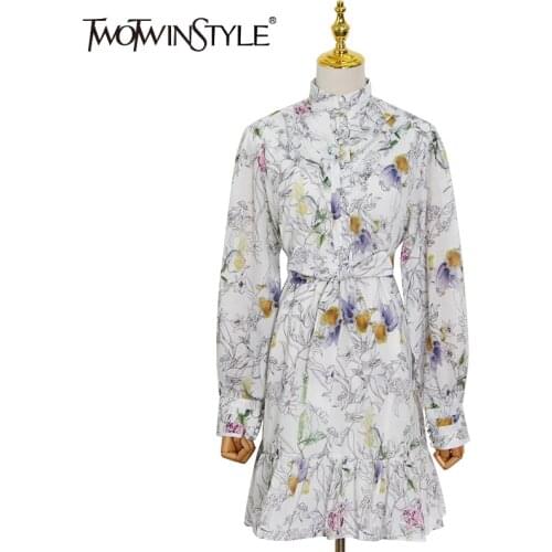 TWOTWINSTYLE Floral Print Boho Style Dress Women Clothing Stand Collar Long Sleeve Gathered Waist Vintage Dresses Female 2021