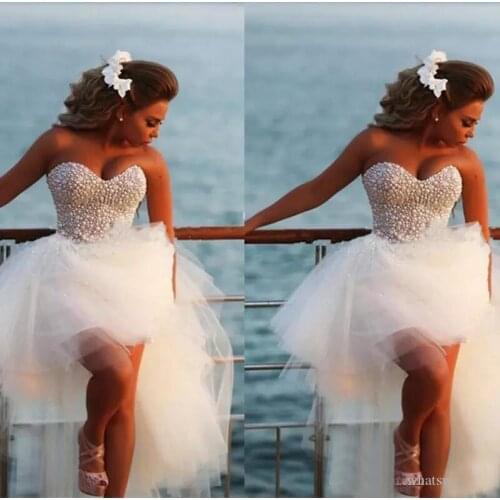 Vestido De Noiva New Unique Pearls Sweetheart White Tulle Short Front Long Back Wedding Dress Beach Knee Length Bridal Gown