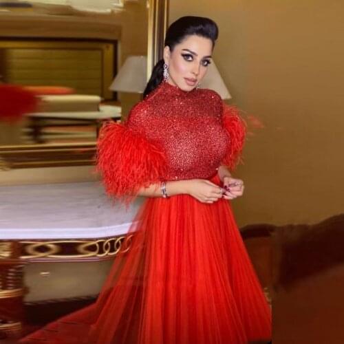 Red Feather Half Sleeves Evening Gowns High Neck Sequined Top Tulle Skirt Saudi Arabia Prom Dresses Robe De Soiree Sweep Train