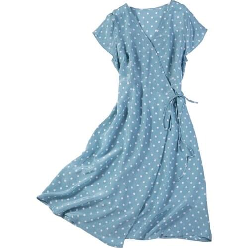 Women Summer Silk Dress V neck blue Vintage Natural silk dresses Elegant Dress Casual real silk dots print wrap style dress