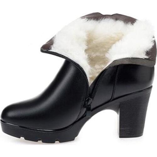 Elegant Fashion Autumn Boots Women Boots Side Zipper High Heel Genuine Leather Shoes Winter Plus Plush and Wool Warm Snow Boots
