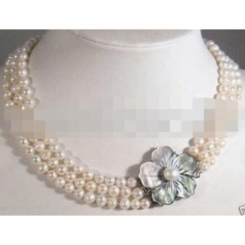 3 Rows 7-8mm White freshwater Cultured Pearl Necklace Shell Clasp