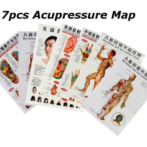 7Pcs/Set English Hand&Foot&Ear&Body Meridian Points Of Human Wall Chart Female /Male Acupuncture Massage Point Map Flipchart