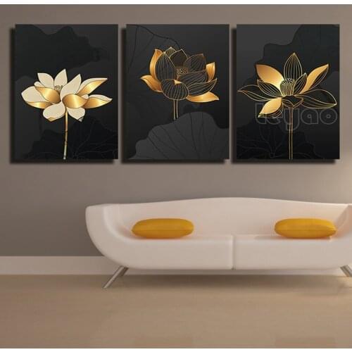 Full Square/Round Drill 5D DIY Diamond Painting Triptych "Black Background Lotus" Embroidery Cross Stitch 5D Home Decor Gift