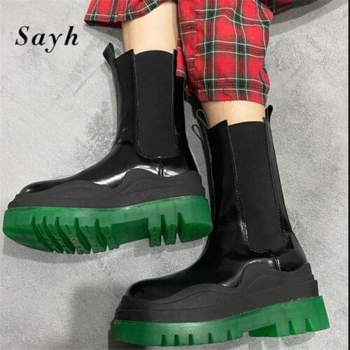 Thick-soled Chelsea Boots Women 's Short Boots Mid-tube Martin Boots -soled Boots Women 's Cool Boots Green Winter