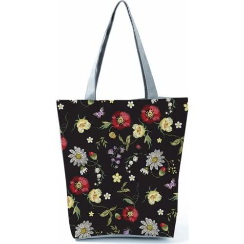 Colorful Florals Printed Black Shoulder Bag Fashion All-Match Womens Bag Eco Friendly Handbags Portable Practical Shopping Bag