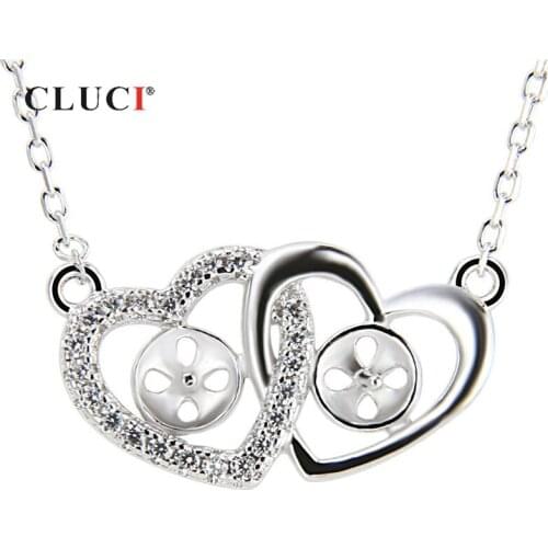 CLUCI 925 Sterling Silver Double Heart Valentine Pendant Necklace Romantic Love Heart Women Zircon Pendant Necklace SN032SB