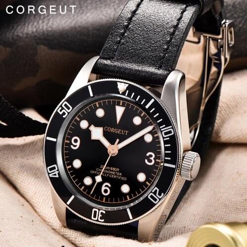 Corgeut Luxury Brand Schwarz Bay Men Automatic Mechanical Watch Military Sport Swim Clock Leather Mechanical Wrist Watches