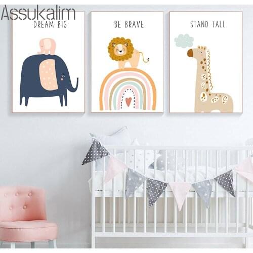 Nursery Canvas Painting Elephant Wall Posters Rainbow Art Prints Lion Poster Giraffe Print Nordic Wall Pictures Kids Room Decor